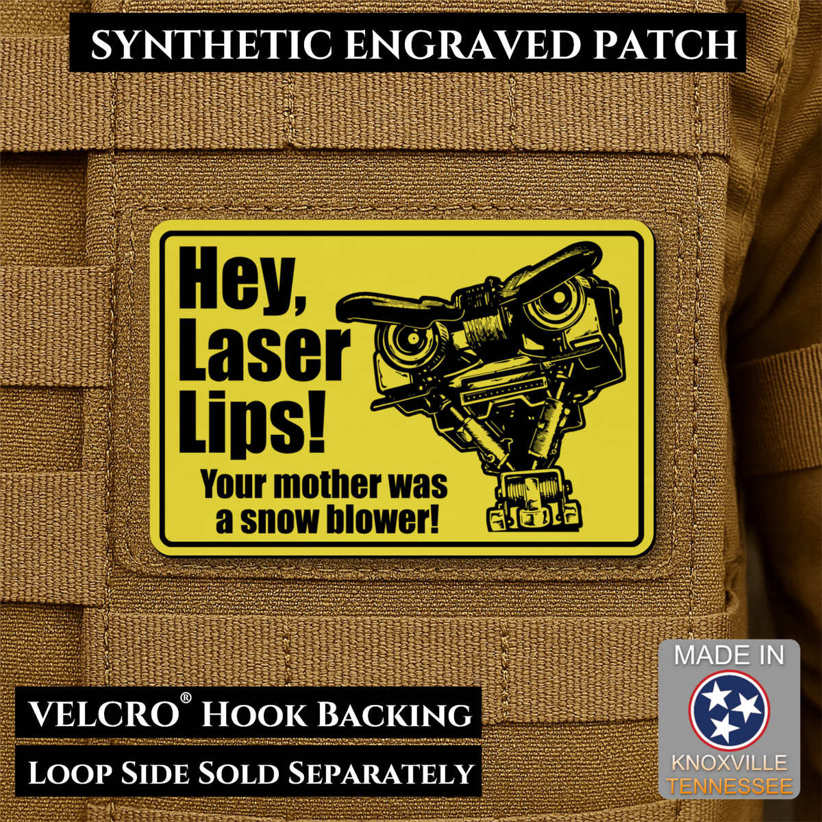 Hey Laser Lips, Johnny 5 Retro Funny Morale Patch, 2x3" | Made in USA | VELCRO® Brand Hook Backing
