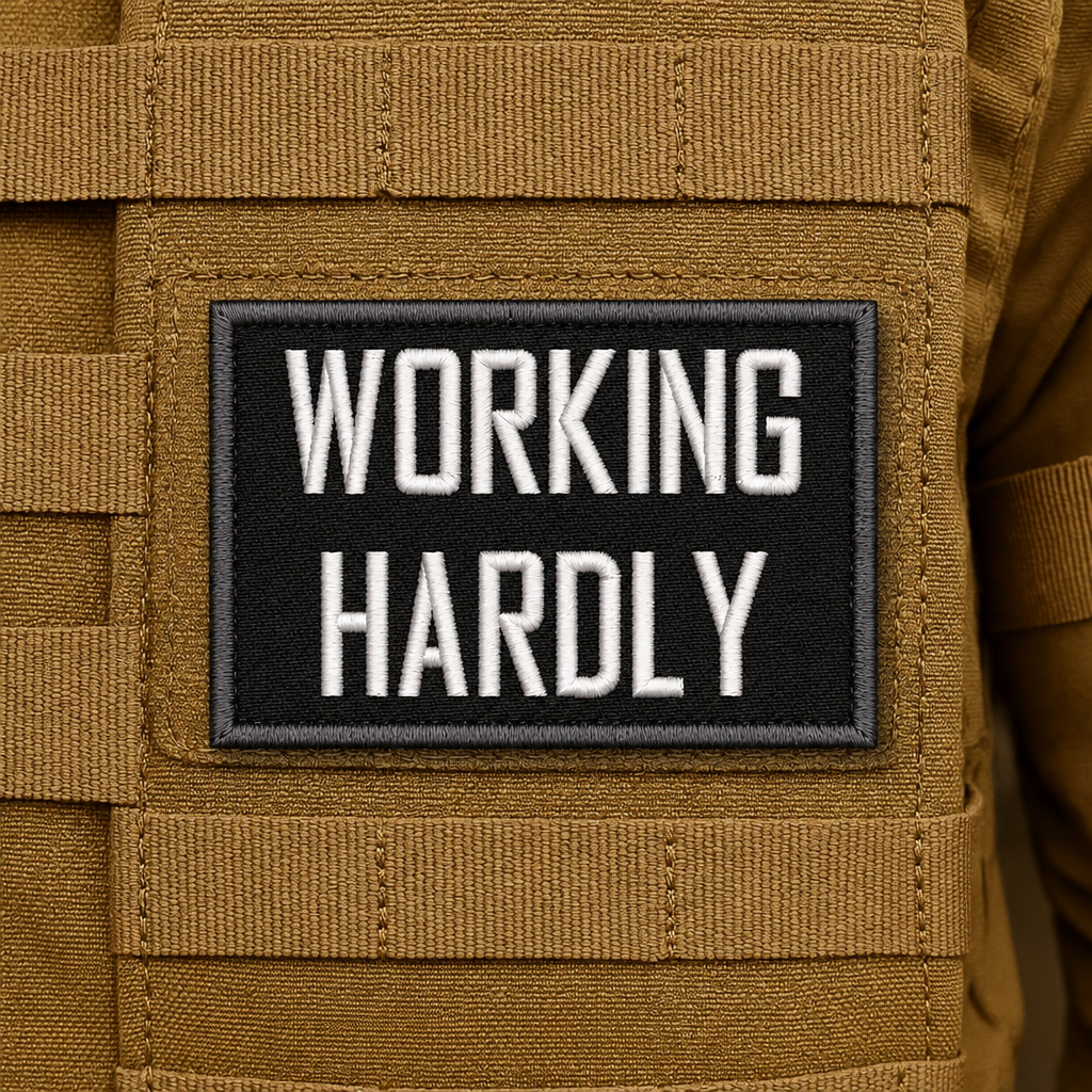 Working Hardly Funny Embroidered Morale Patch, 2x3" | VELCRO® Brand Hook Backing