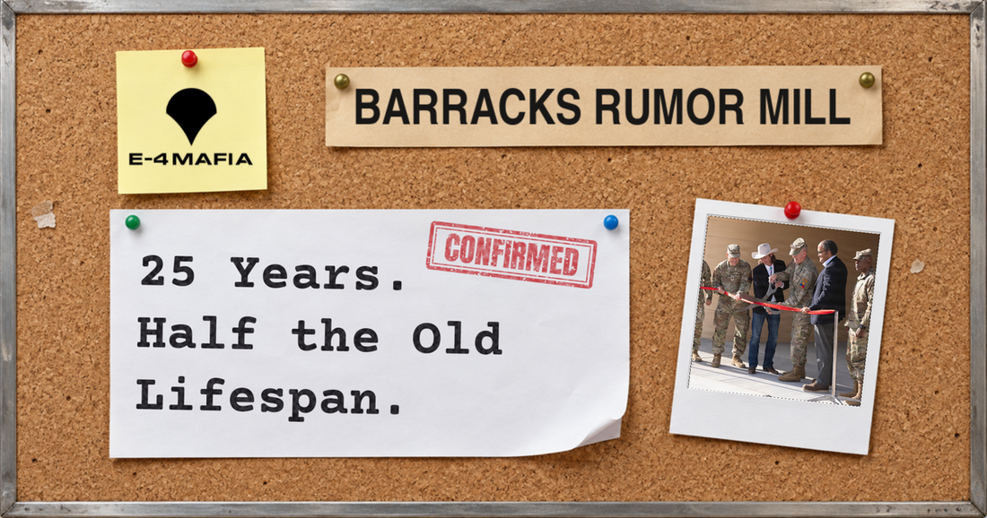 Barracks Rumor Mill corkboard cover reading "25 Years. Half the Old Lifespan." under a red CONFIRMED stamp, beside a Polaroid of the Fort Bliss 3D-printed barracks ribbon cutting with Soldiers in OCP.
