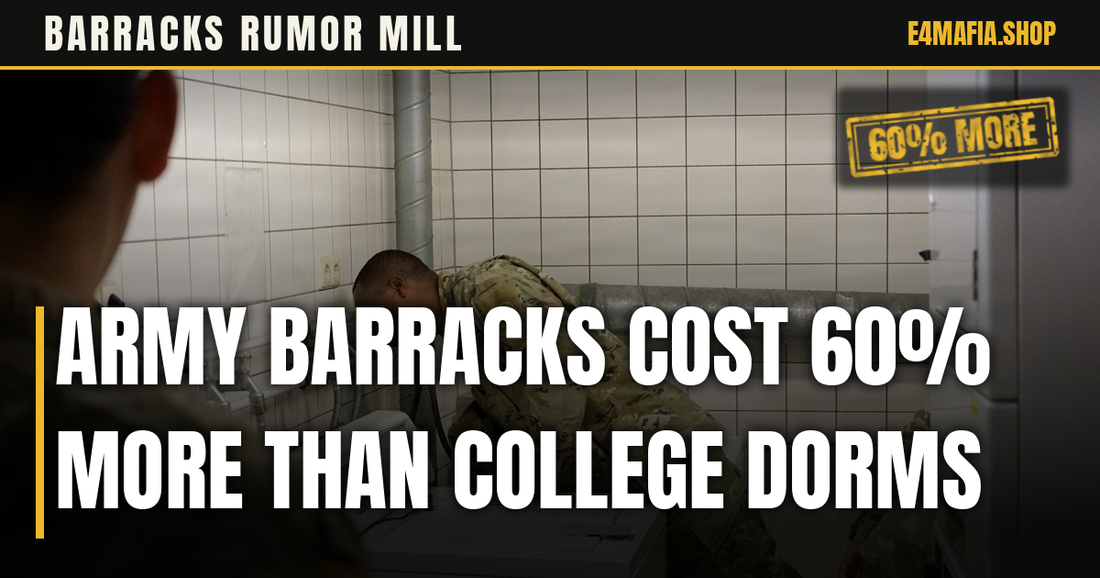 Barracks Rumor Mill cover: full-frame photo of an Army NCO in OCP checking behind a washer in a tiled barracks laundry room, with the headline "Army Barracks Cost 60% More Than College Dorms" over a dark band and a small 60% MORE stamp.