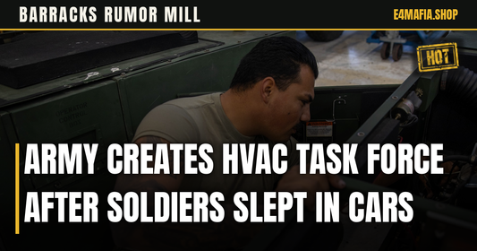 Barracks Rumor Mill cover: full-frame photo of a soldier in OCP trousers working on climate-control equipment at Fort Campbell, with the headline "Army Creates HVAC Task Force After Soldiers Slept in Cars" over a dark band and a small HOT stamp.