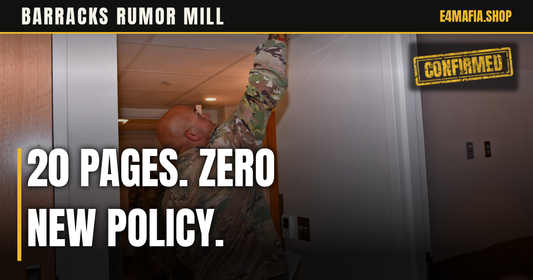 Barracks Rumor Mill cover: full-frame photo of a Soldier in OCP checking a ceiling vent during a barracks inspection at Fort Bragg, with the headline "20 Pages. Zero New Policy." over a dark band and a small CONFIRMED stamp.