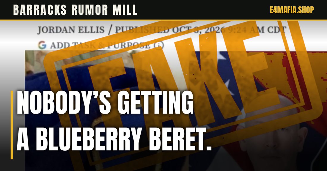 Barracks Rumor Mill cover: full-frame screenshot of a fake screenshot of a made-up blue beret headline, with the headline "Nobody’s Getting a Blueberry Beret." over a dark band.