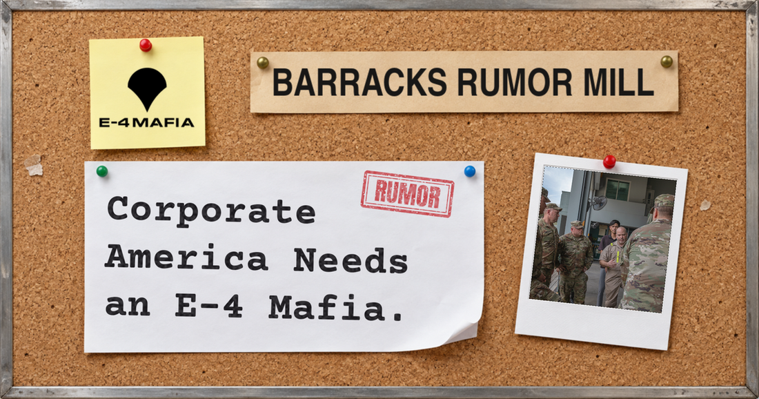 Barracks Rumor Mill corkboard cover reading "Corporate America Needs an E-4 Mafia." under a red RUMOR stamp, beside a Polaroid of OCP soldiers discussing vehicles in a motor pool.