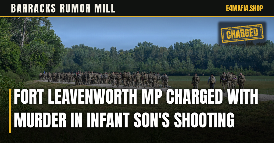 Barracks Rumor Mill cover: full-frame photo of a long column of troops rucking on a gravel road at Fort Leavenworth, with the headline "Fort Leavenworth MP Charged With Murder in Infant Son's Shooting" over a dark band and a small CHARGED stamp.