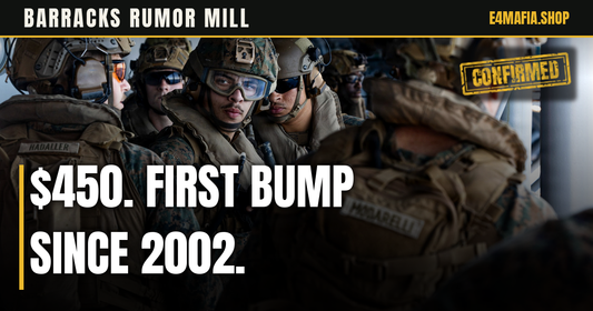 Barracks Rumor Mill cover: full-frame photo of Marines conducting live-fire aboard USS Tripoli during Operation Epic Fury, with the headline "$450. First Bump Since 2002." over a dark band and a small CONFIRMED stamp.