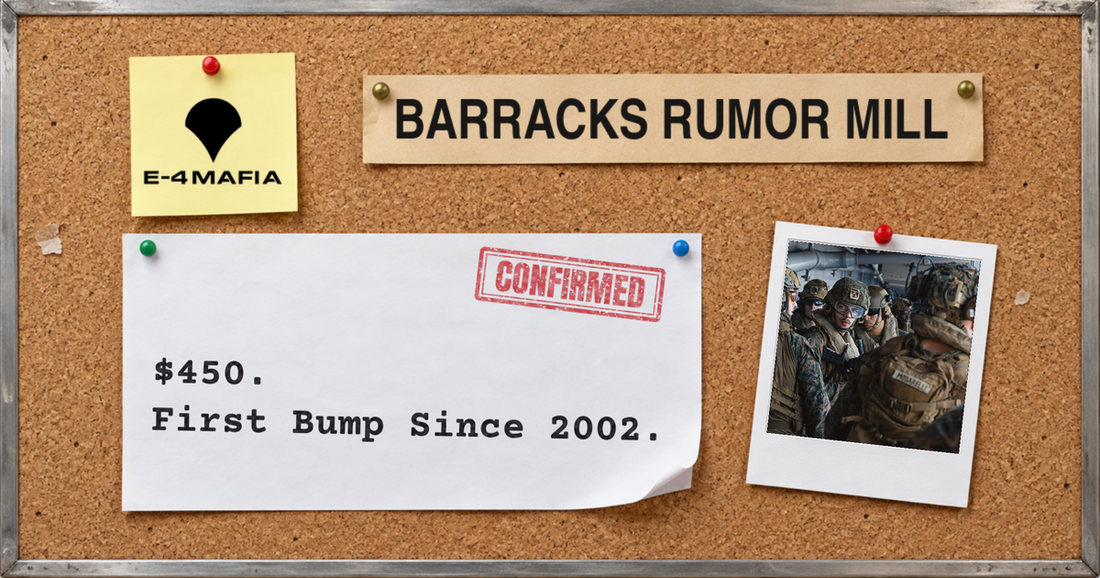 Barracks Rumor Mill corkboard cover reading "$450. First Bump Since 2002." under a red CONFIRMED stamp, beside a Polaroid of Marines conducting live-fire aboard USS Tripoli during Operation Epic Fury.