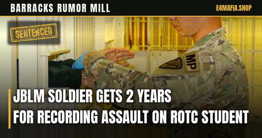Barracks Rumor Mill cover: full-frame photo of a military police soldier at a cell door in the JBLM prison, with the headline "JBLM Soldier Gets 2 Years for Recording Assault on ROTC Student" and a small SENTENCED stamp.