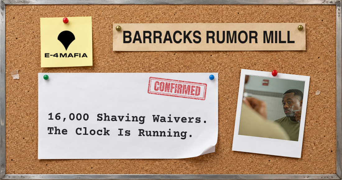 Barracks Rumor Mill corkboard cover reading "16,000 Shaving Waivers. The Clock Is Running." under a red CONFIRMED stamp, beside a Polaroid of a soldier shaving in a barracks latrine.