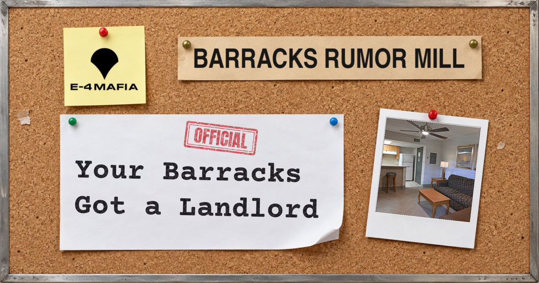 Barracks Rumor Mill corkboard cover reading "Your Barracks Got a Landlord" under a red OFFICIAL stamp, beside a Polaroid of a renovated Navy unaccompanied-housing living room.