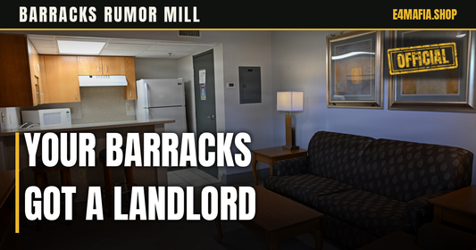 Barracks Rumor Mill cover: full-frame photo of a renovated Navy unaccompanied-housing living room, with the headline "Your Barracks Got a Landlord" over a dark band and a small OFFICIAL stamp.