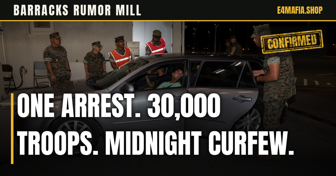 Barracks Rumor Mill cover: full-frame photo of Marines checking a car at an Okinawa base gate at night, with the headline "One Arrest. 30,000 Troops. Midnight Curfew." over a dark band and a small CONFIRMED stamp.