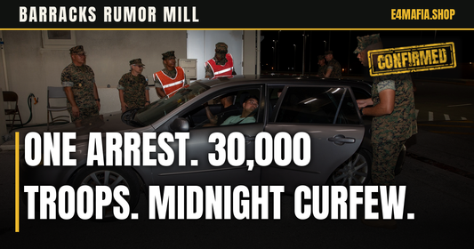 Barracks Rumor Mill cover: full-frame photo of Marines checking a car at an Okinawa base gate at night, with the headline "One Arrest. 30,000 Troops. Midnight Curfew." over a dark band and a small CONFIRMED stamp.