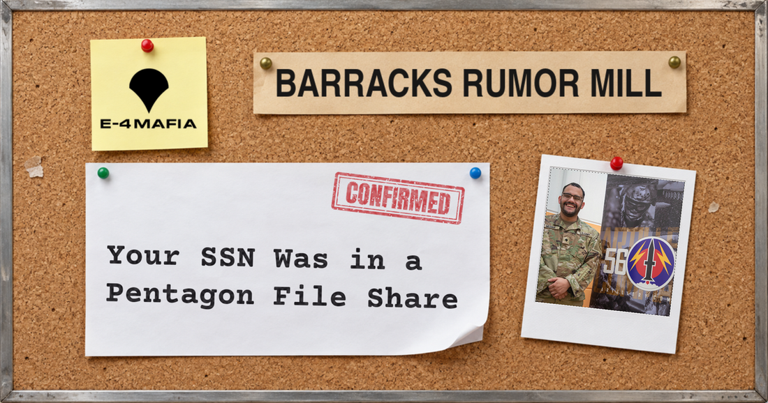 Barracks Rumor Mill corkboard cover reading "Your SSN Was in a Pentagon File Share" under a red CONFIRMED stamp, beside a pinned Polaroid of an Army Specialist in OCPs.