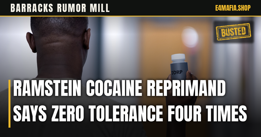 Barracks Rumor Mill cover: full-frame photo of an Airman holding up a urine sample bottle during a random drug test, with the headline "Ramstein Cocaine Reprimand Says Zero Tolerance Four Times" over a dark band and a small BUSTED stamp.
