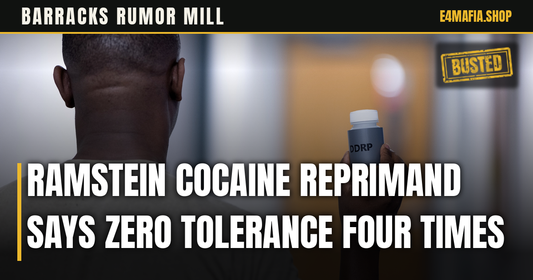 Barracks Rumor Mill cover: full-frame photo of an Airman holding up a urine sample bottle during a random drug test, with the headline "Ramstein Cocaine Reprimand Says Zero Tolerance Four Times" over a dark band and a small BUSTED stamp.
