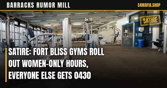 Barracks Rumor Mill cover: full-frame photo of an empty military gym weight room, with the headline "SATIRE: Fort Bliss Gyms Roll Out Women-Only Hours, Everyone Else Gets 0430" over a dark band and a small SATIRE stamp.