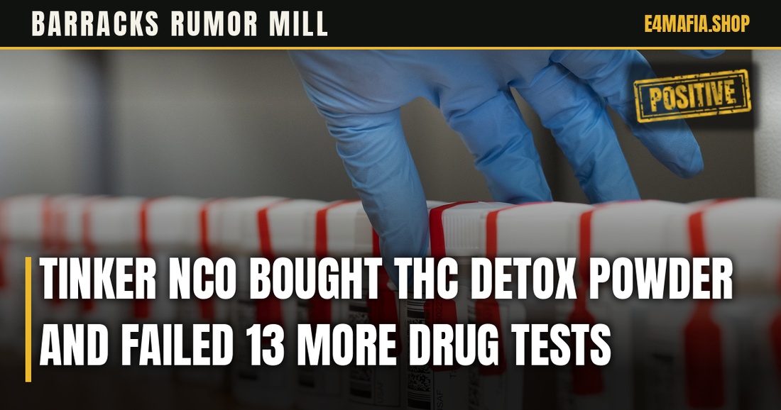 Barracks Rumor Mill cover: full-frame photo of a gloved hand over rows of sealed urine sample bottles, with the headline "Tinker NCO Bought THC Detox Powder and Failed 13 More Drug Tests" over a dark band and a small POSITIVE stamp.