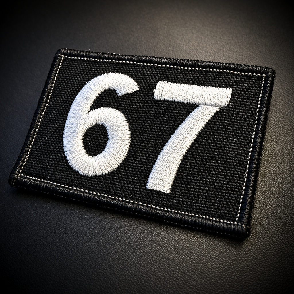 67 -Six Seven- Funny Embroidered Morale Patch, 2x3" | VELCRO® Brand Hook Backing