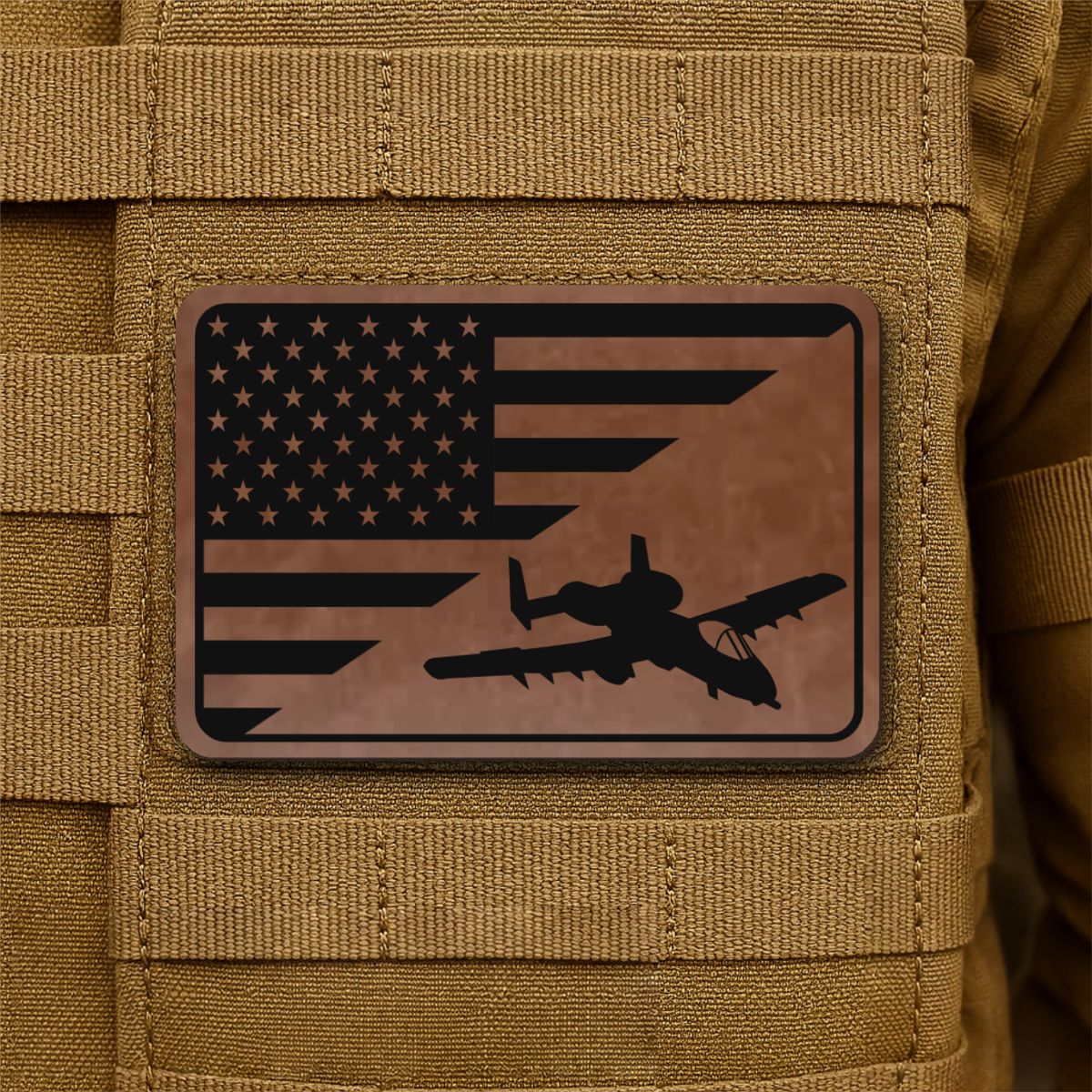 A-10 Warthog American Flag Laser Engraved Flag Patch, 2x3" | VELCRO® Brand Hook Backing