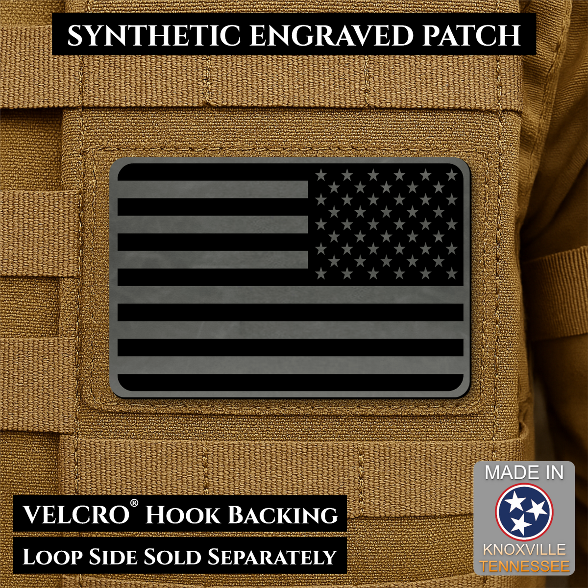 Tactical Synthetic Engraved American Flag Patch, 2x3" | Made in USA | VELCRO® Brand Hook Backing