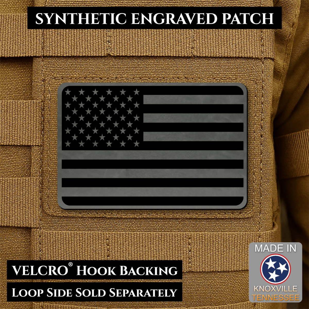Tactical Synthetic Engraved American Flag Patch, 2x3" | Made in USA | VELCRO® Brand Hook Backing