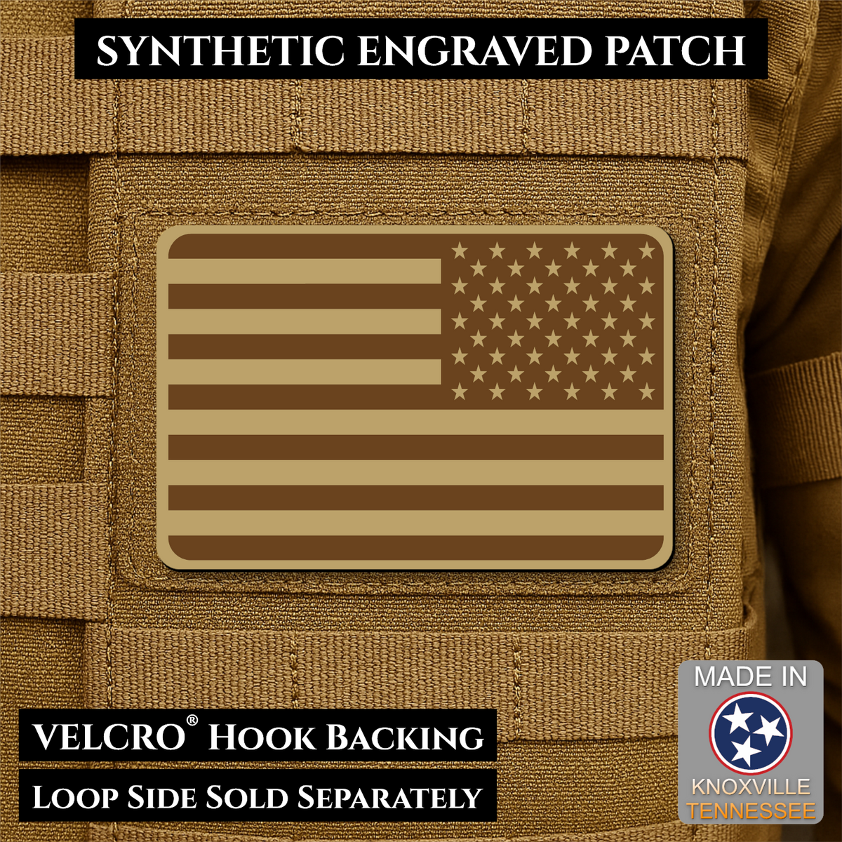 Tactical Synthetic Engraved American Flag Patch, 2x3" | Made in USA | VELCRO® Brand Hook Backing