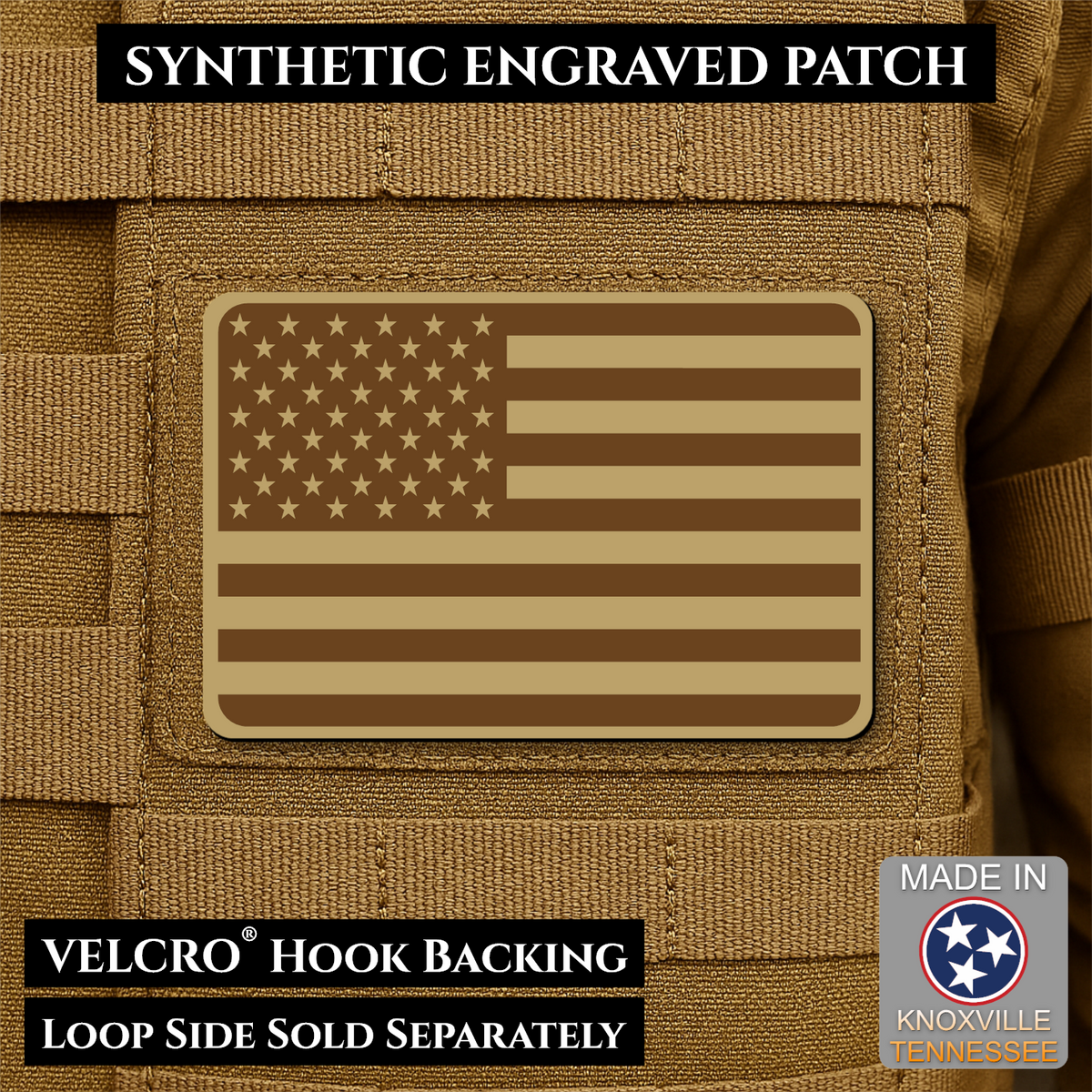 Tactical Synthetic Engraved American Flag Patch, 2x3" | Made in USA | VELCRO® Brand Hook Backing