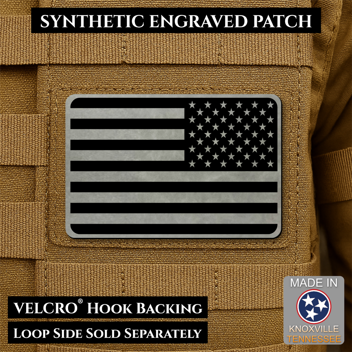 Tactical Synthetic Engraved American Flag Patch, 2x3" | Made in USA | VELCRO® Brand Hook Backing