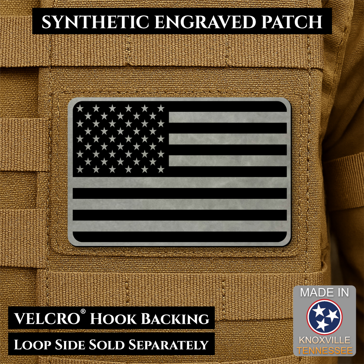 Tactical Synthetic Engraved American Flag Patch, 2x3" | Made in USA | VELCRO® Brand Hook Backing