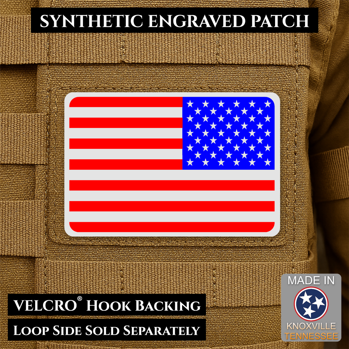 Tactical Synthetic Engraved American Flag Patch, 2x3" | Made in USA | VELCRO® Brand Hook Backing
