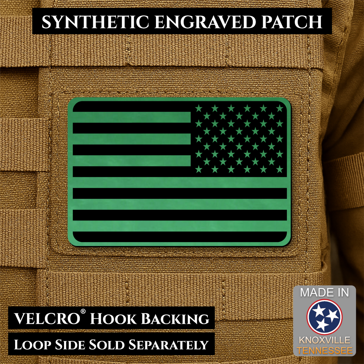 Tactical Synthetic Engraved American Flag Patch, 2x3" | Made in USA | VELCRO® Brand Hook Backing