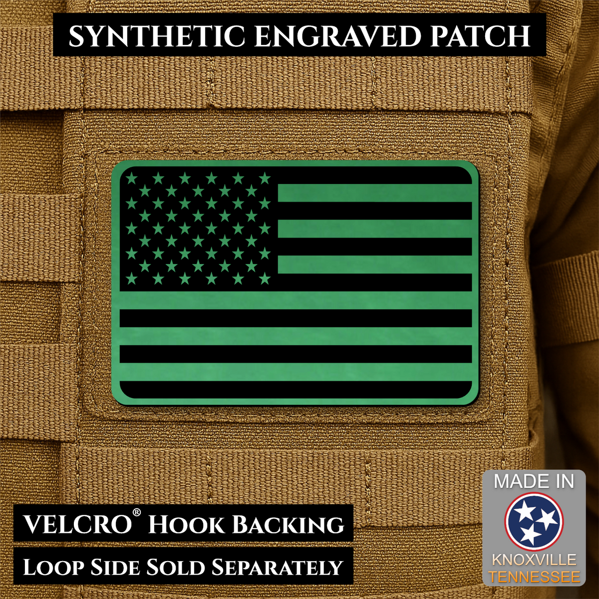 Tactical Synthetic Engraved American Flag Patch, 2x3" | Made in USA | VELCRO® Brand Hook Backing