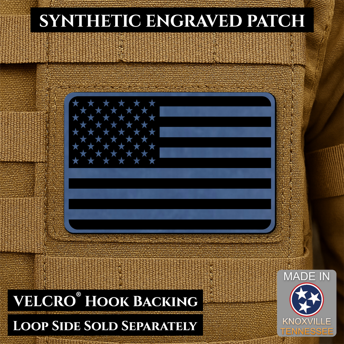 Tactical Synthetic Engraved American Flag Patch, 2x3" | Made in USA | VELCRO® Brand Hook Backing
