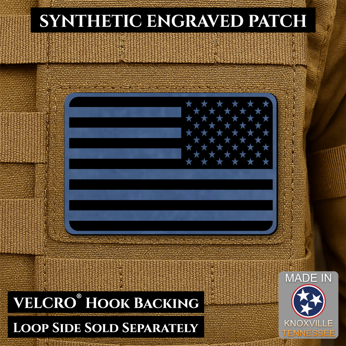 Tactical Synthetic Engraved American Flag Patch, 2x3" | Made in USA | VELCRO® Brand Hook Backing