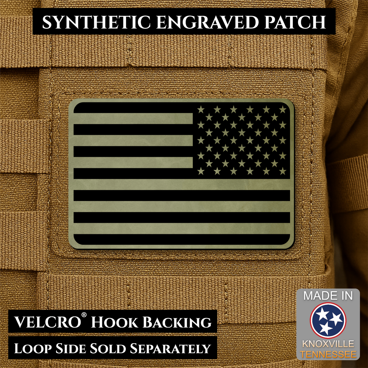 Tactical Synthetic Engraved American Flag Patch, 2x3" | Made in USA | VELCRO® Brand Hook Backing