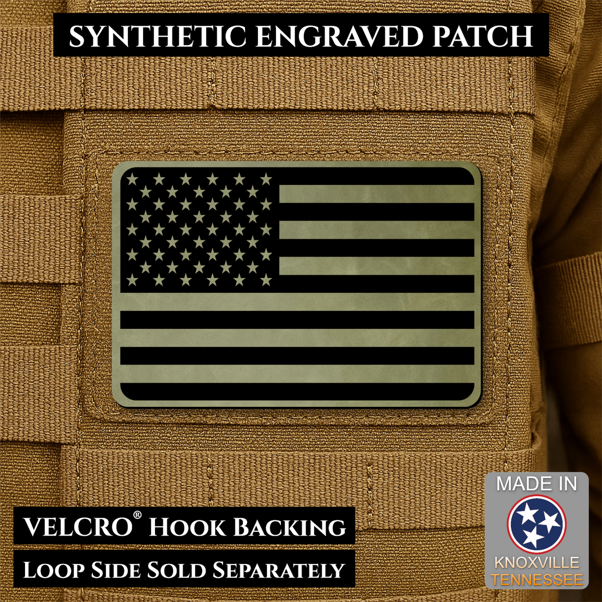 Tactical Synthetic Engraved American Flag Patch, 2x3" | Made in USA | VELCRO® Brand Hook Backing