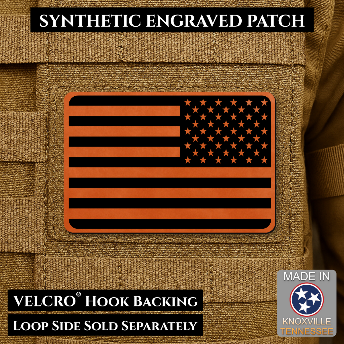 Tactical Synthetic Engraved American Flag Patch, 2x3" | Made in USA | VELCRO® Brand Hook Backing