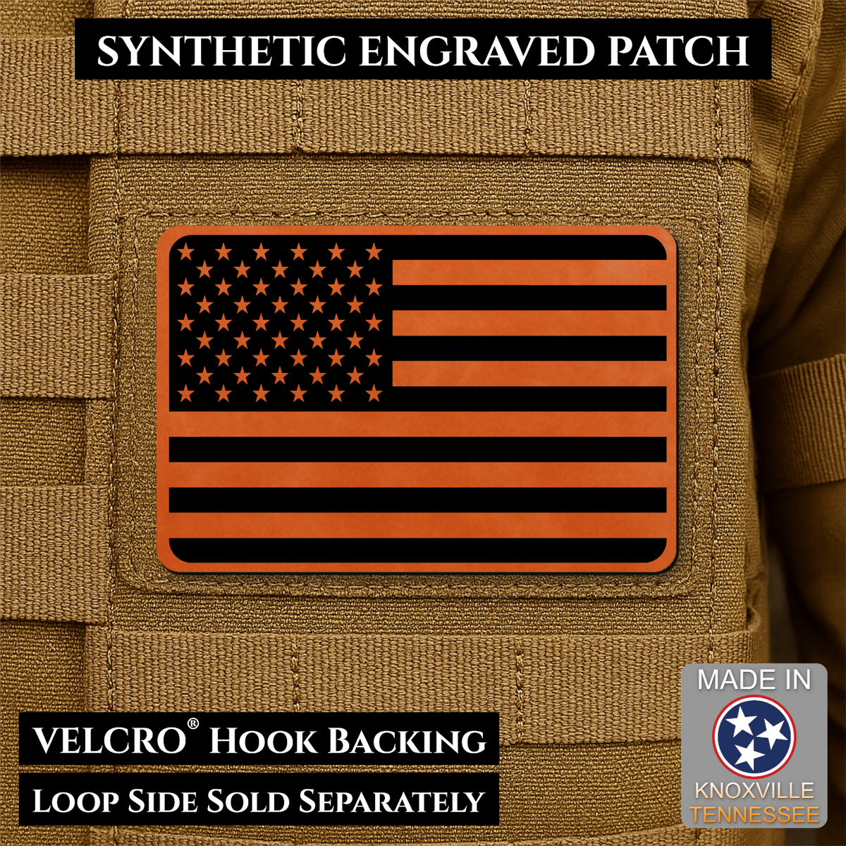 Tactical Synthetic Engraved American Flag Patch, 2x3" | Made in USA | VELCRO® Brand Hook Backing