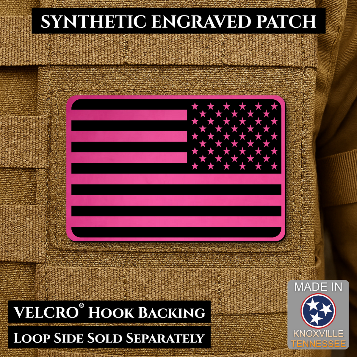 Tactical Synthetic Engraved American Flag Patch, 2x3" | Made in USA | VELCRO® Brand Hook Backing