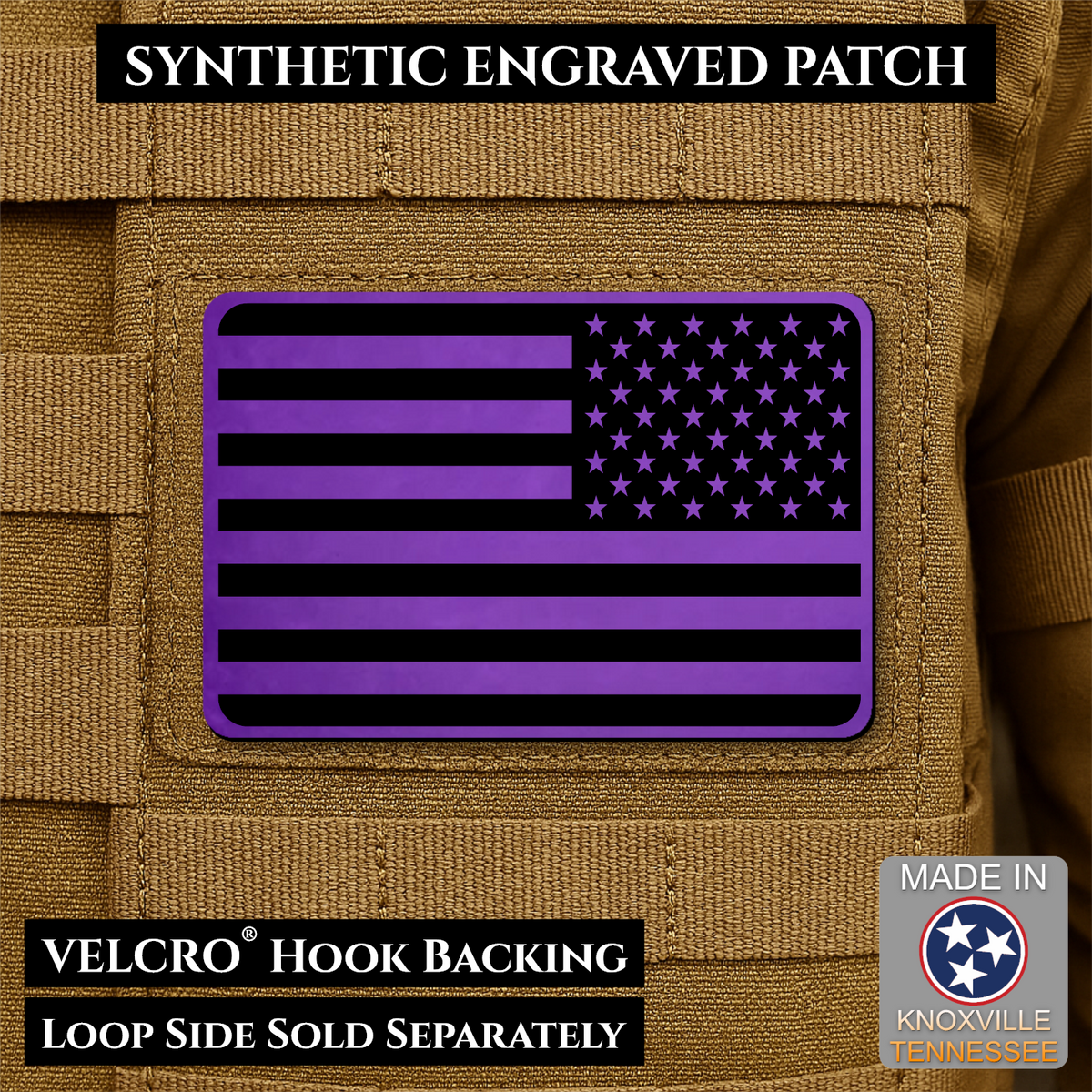 Tactical Synthetic Engraved American Flag Patch, 2x3" | Made in USA | VELCRO® Brand Hook Backing