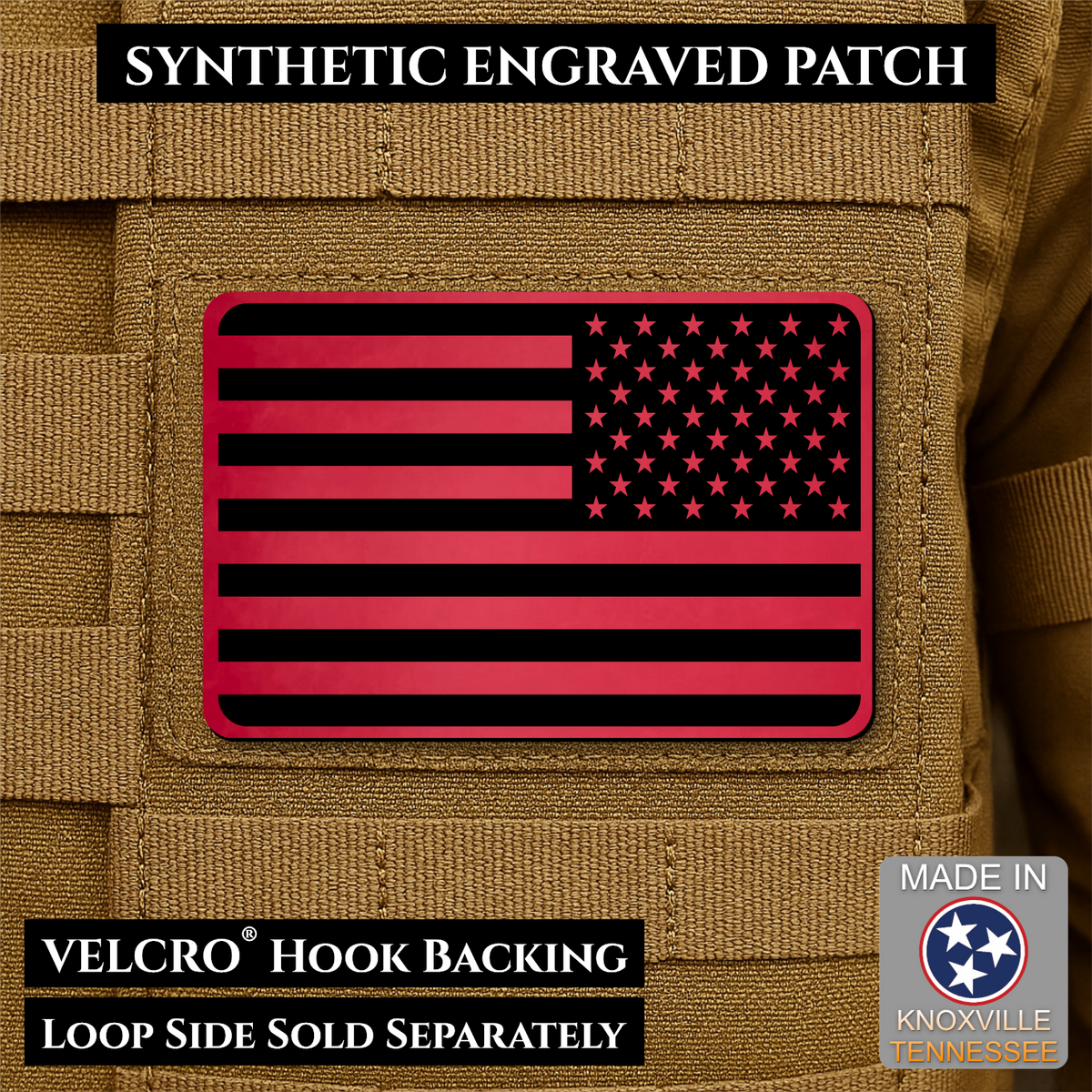 Tactical Synthetic Engraved American Flag Patch, 2x3" | Made in USA | VELCRO® Brand Hook Backing