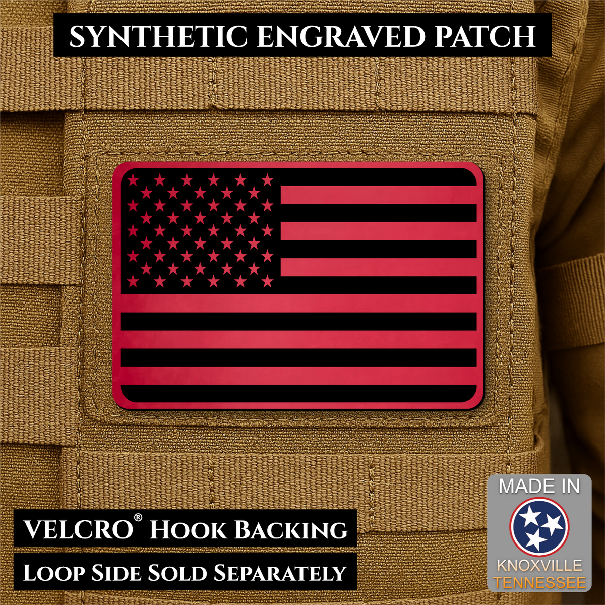 Tactical Synthetic Engraved American Flag Patch, 2x3" | Made in USA | VELCRO® Brand Hook Backing