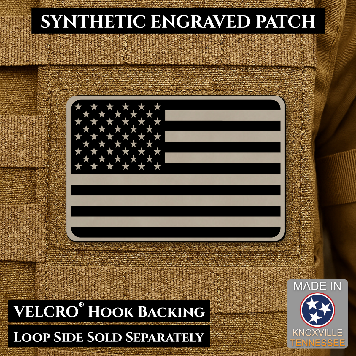 Tactical Synthetic Engraved American Flag Patch, 2x3" | Made in USA | VELCRO® Brand Hook Backing