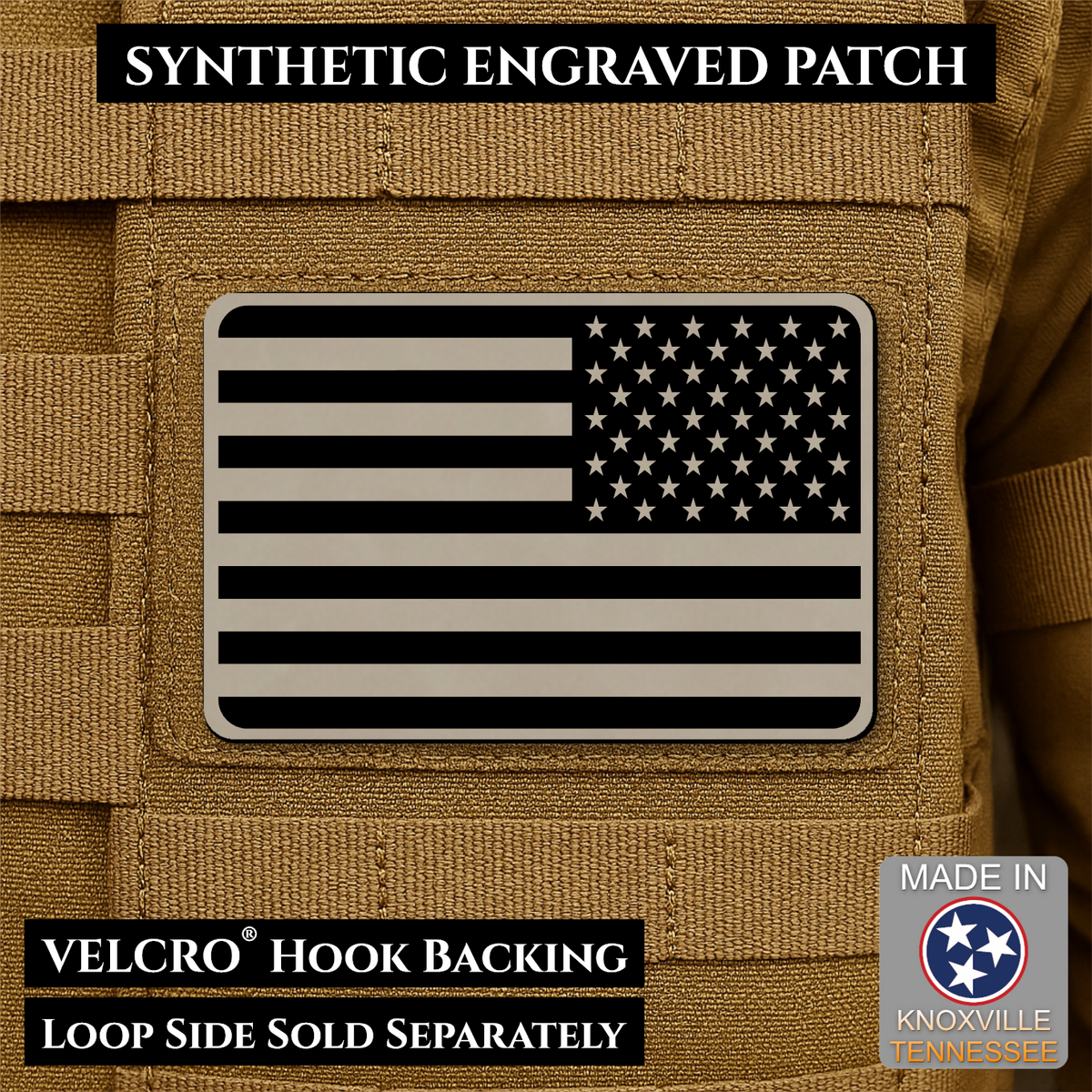 Tactical Synthetic Engraved American Flag Patch, 2x3" | Made in USA | VELCRO® Brand Hook Backing