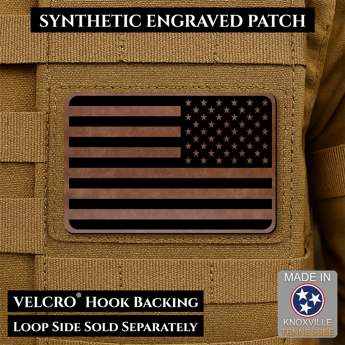 Tactical Synthetic Engraved American Flag Patch, 2x3" | Made in USA | VELCRO® Brand Hook Backing
