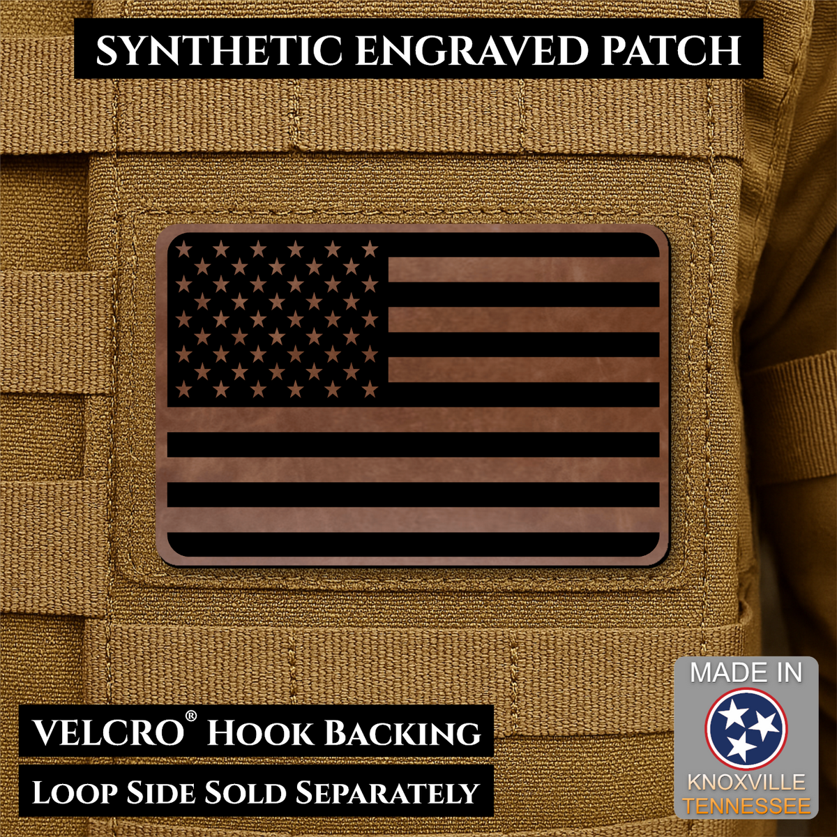 Tactical Synthetic Engraved American Flag Patch, 2x3" | Made in USA | VELCRO® Brand Hook Backing