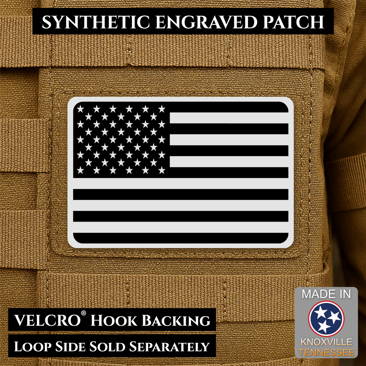 Tactical Synthetic Engraved American Flag Patch, 2x3" | Made in USA | VELCRO® Brand Hook Backing