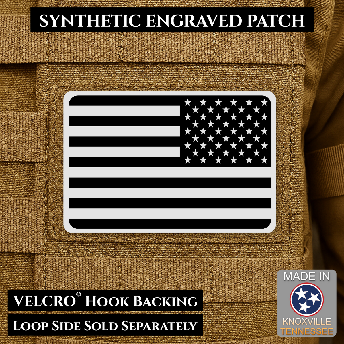 Tactical Synthetic Engraved American Flag Patch, 2x3" | Made in USA | VELCRO® Brand Hook Backing