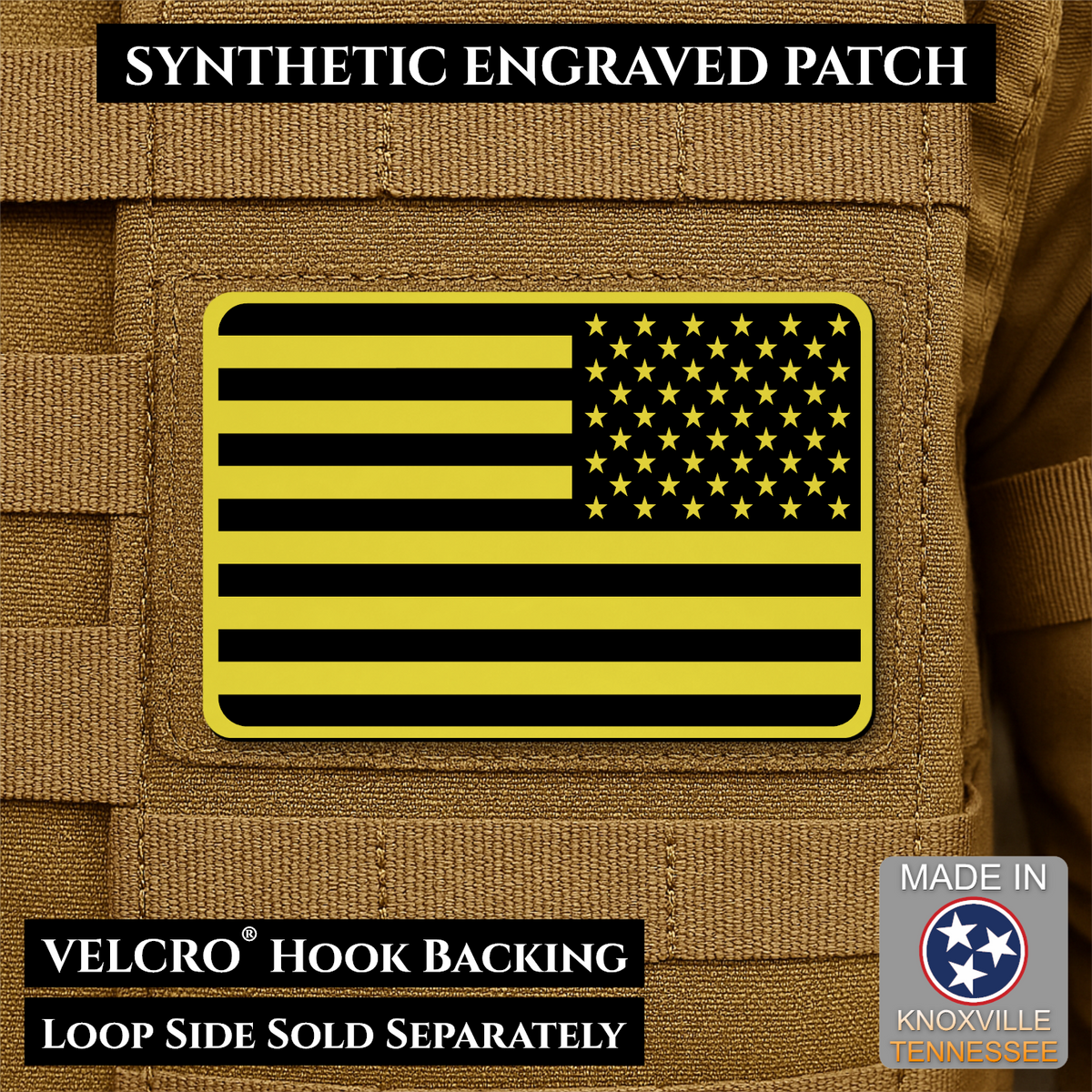 Tactical Synthetic Engraved American Flag Patch, 2x3" | Made in USA | VELCRO® Brand Hook Backing